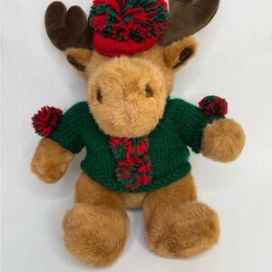 Plush Moose with Green Sweater and Red Hat